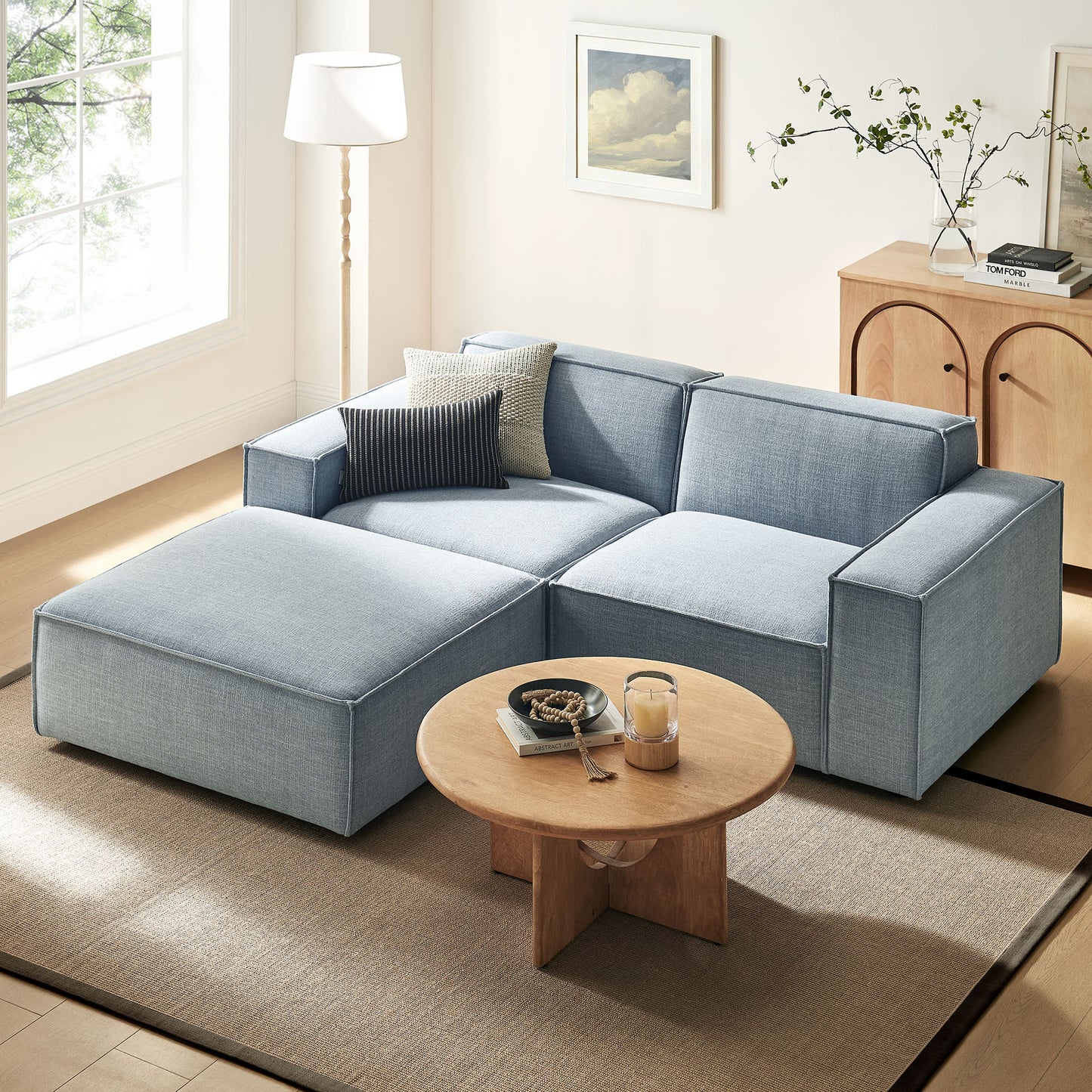 Atlas 3-Piece Performance Fabric Upholstered Modular Loveseat with Ottoman in Sky
