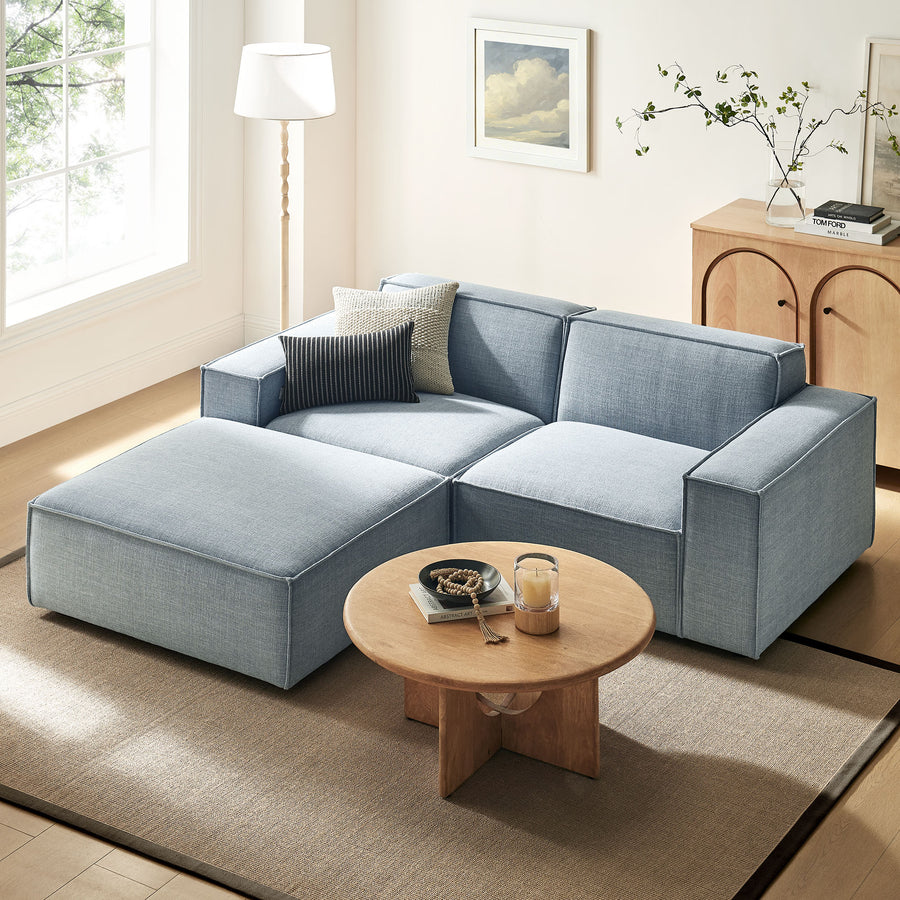 Atlas 3-Piece Performance Fabric Upholstered Modular Loveseat with Ottoman in Sky