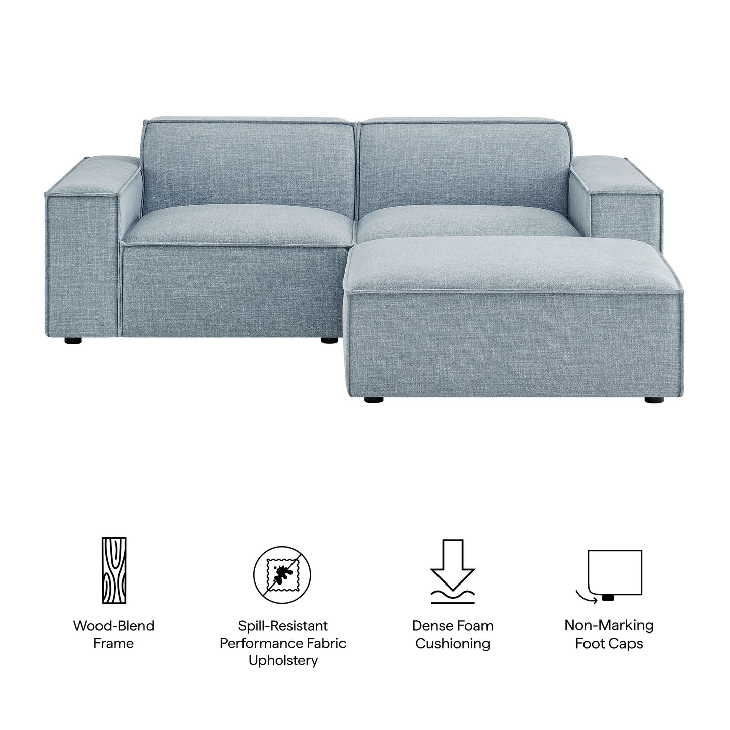 Atlas 3-Piece Performance Fabric Upholstered Modular Loveseat with Ottoman in Sky