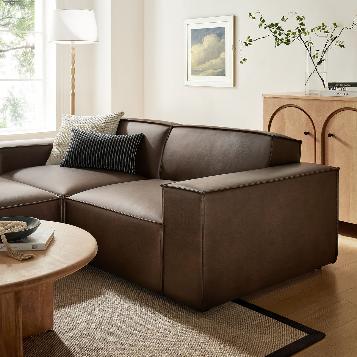 Atlas 3-Piece Vegan Leather Modular Loveseat with Ottoman in Espresso