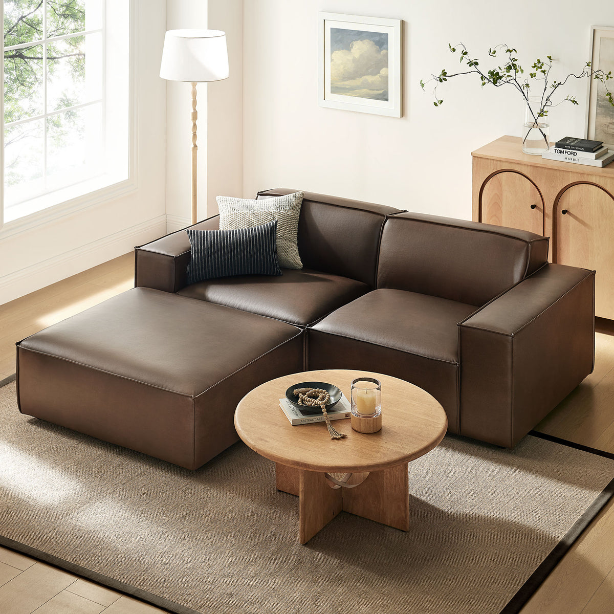 Atlas 3-Piece Vegan Leather Modular Loveseat with Ottoman in Espresso