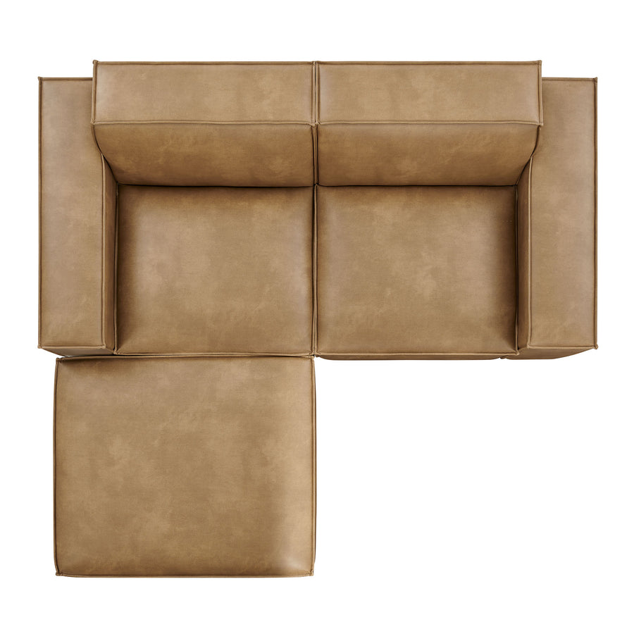 Atlas 3-Piece Vegan Leather Modular Loveseat with Ottoman in Toast