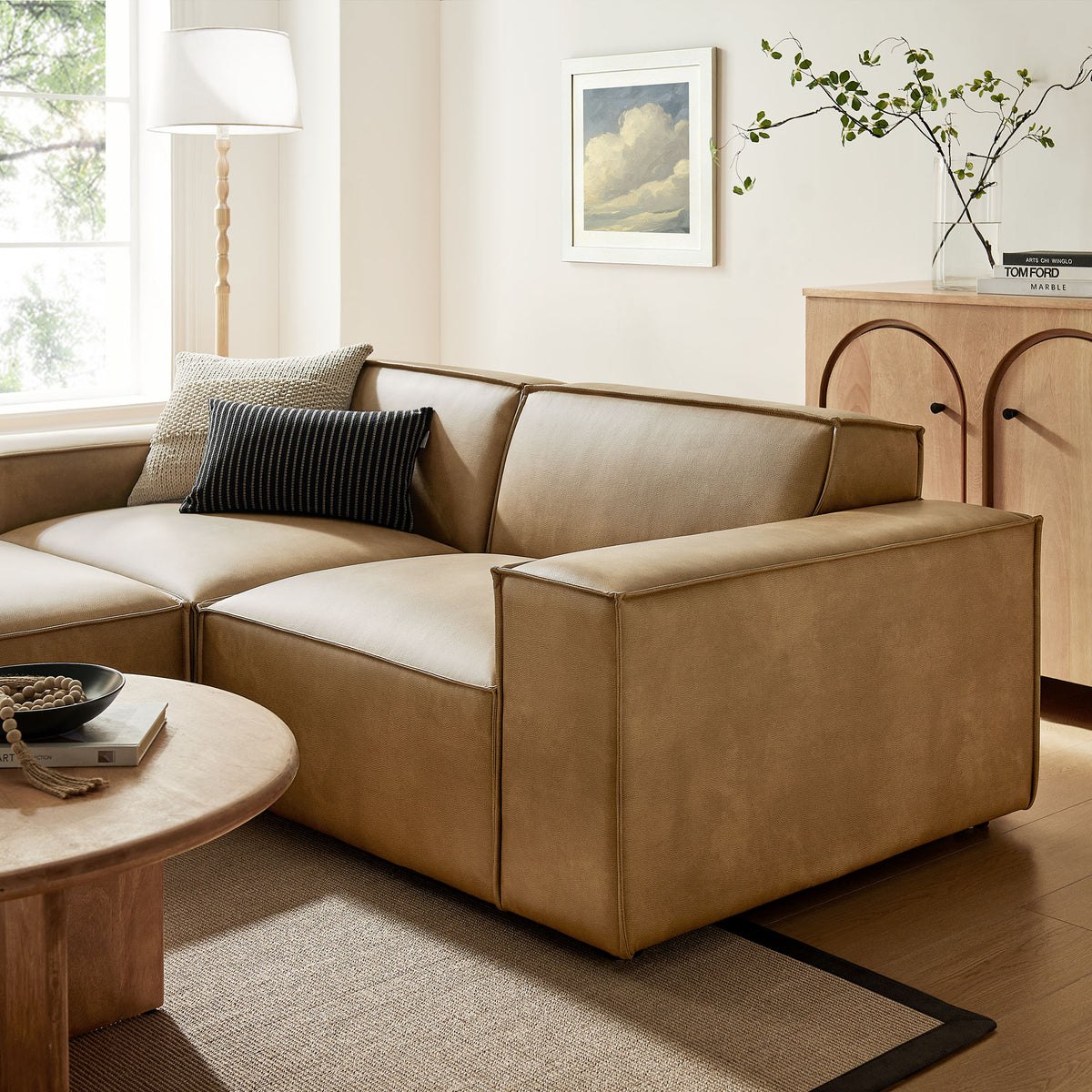 Atlas 3-Piece Vegan Leather Modular Loveseat with Ottoman in Toast