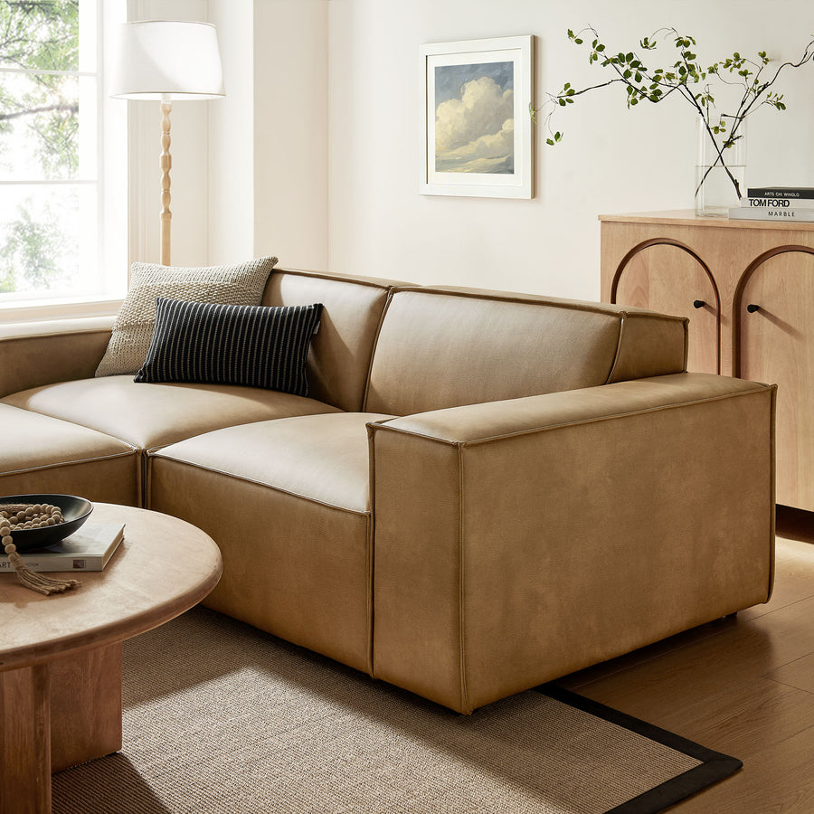 Atlas 3-Piece Vegan Leather Modular Loveseat with Ottoman in Toast