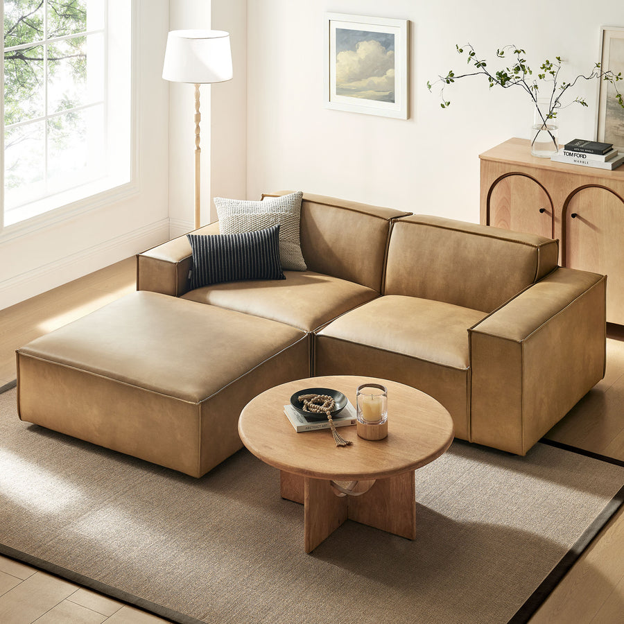 Atlas 3-Piece Vegan Leather Modular Loveseat with Ottoman in Toast
