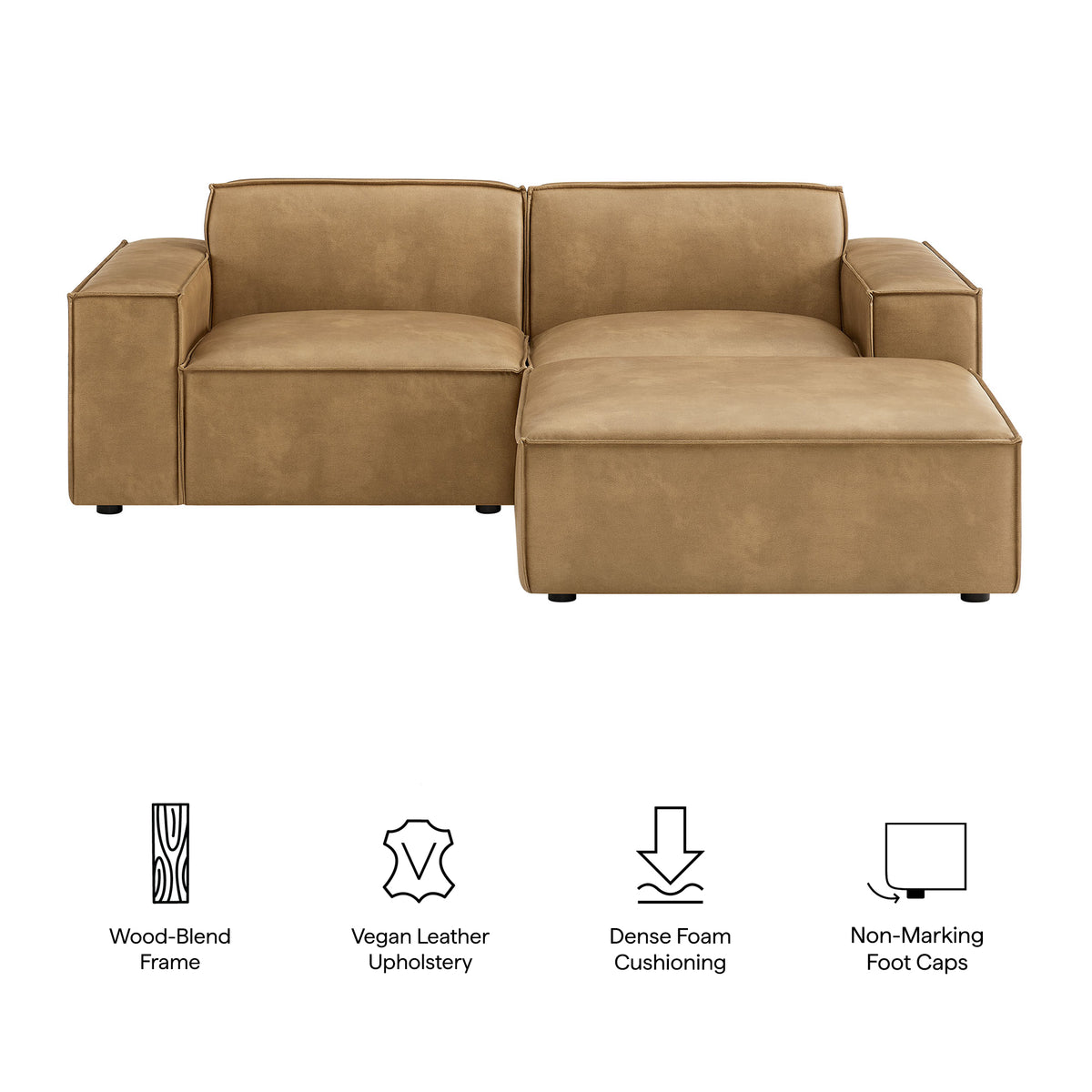 Atlas 3-Piece Vegan Leather Modular Loveseat with Ottoman in Toast