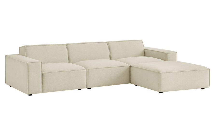 Atlas 4-Piece Performance Fabric Upholstered Modular Sofa Set with Ottoman in Ecru