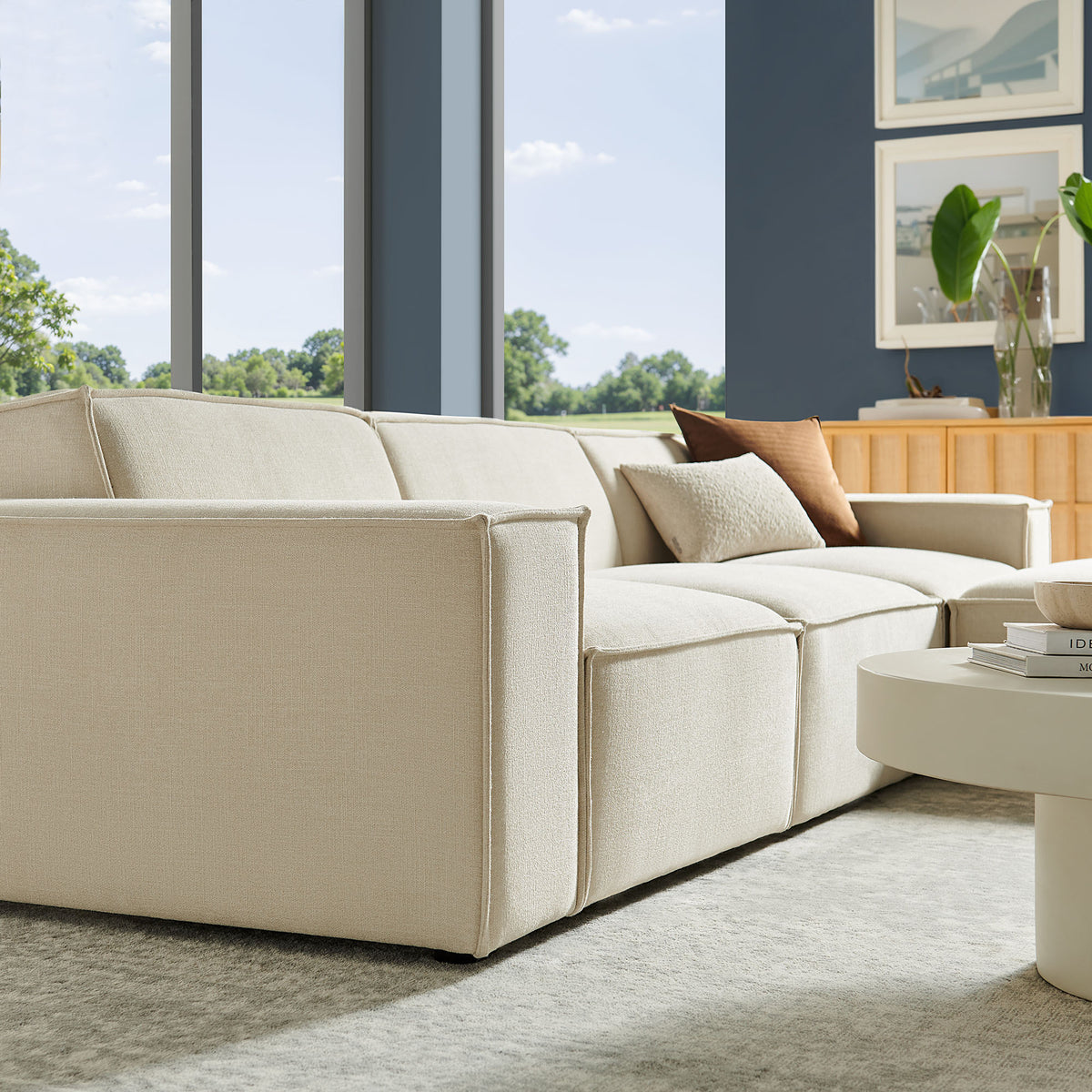 Restore 4-Piece Performance Fabric Upholstered Modular Sofa Set with Ottoman in Ecru