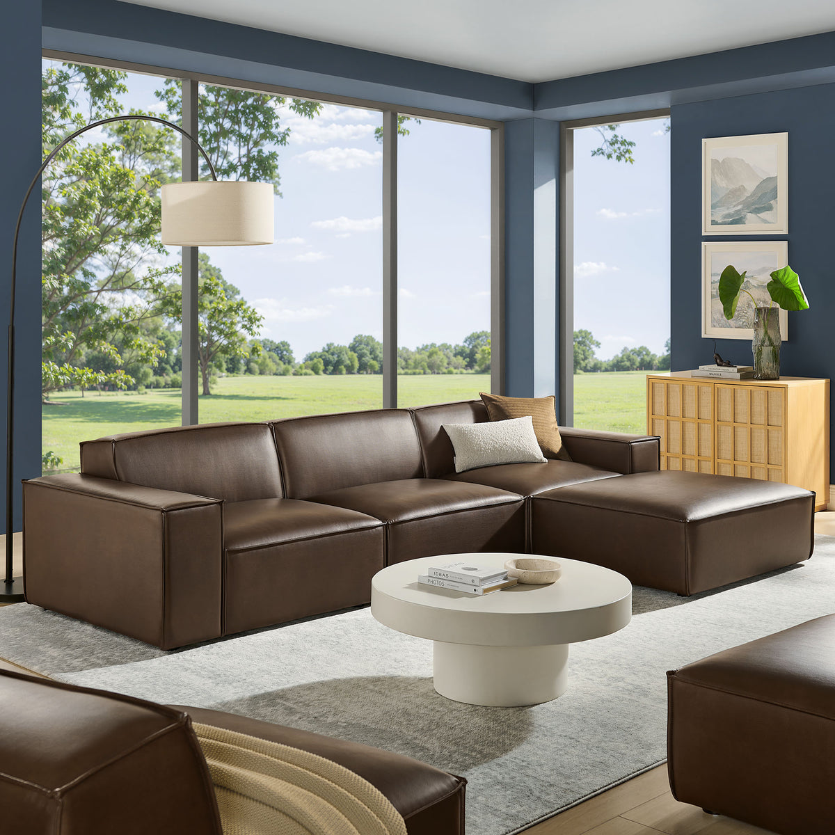 Atlas 4-Piece Vegan Leather Modular Sofa Set with Ottoman in Espresso