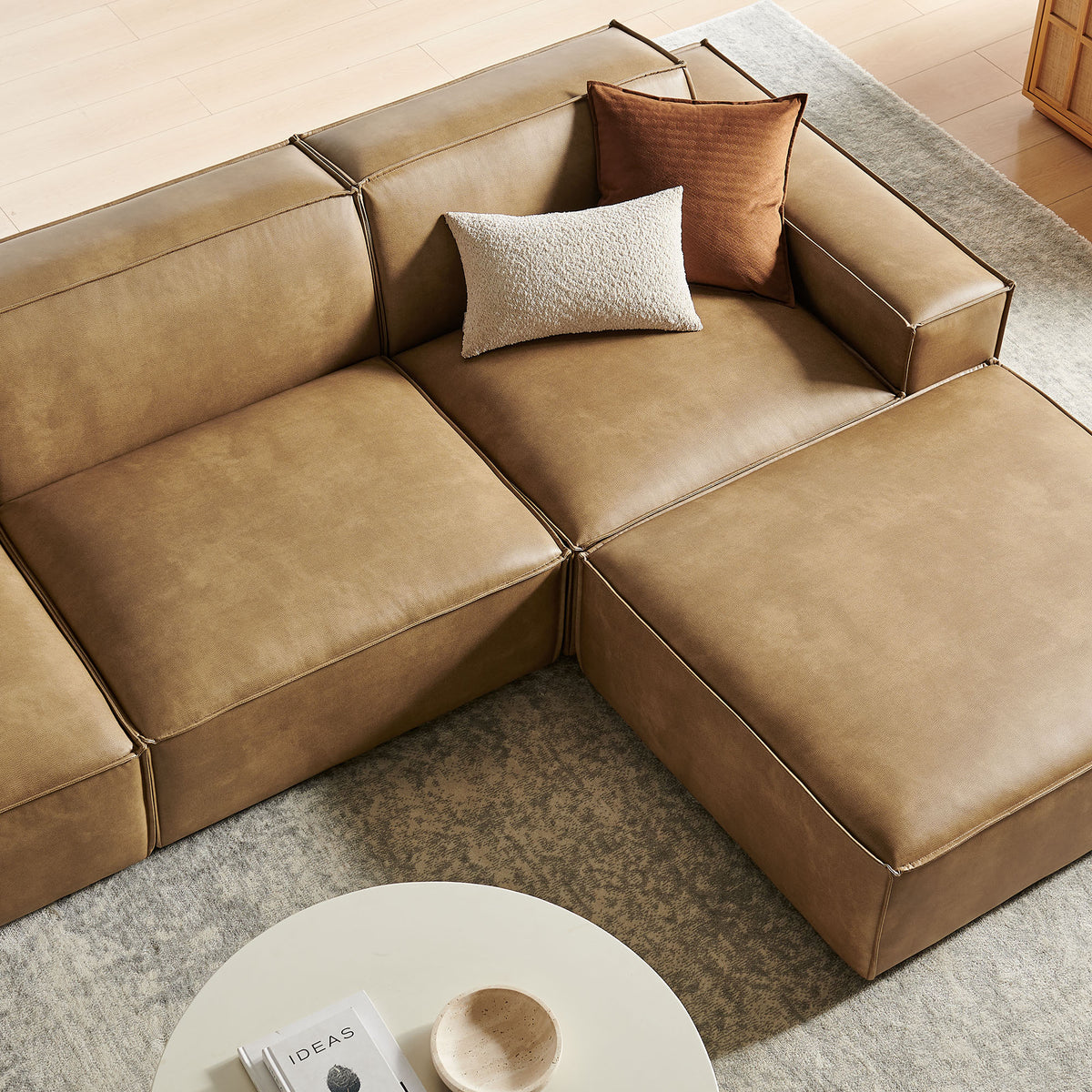 Atlas 4-Piece Vegan Leather Modular Sofa Set with Ottoman in Toast