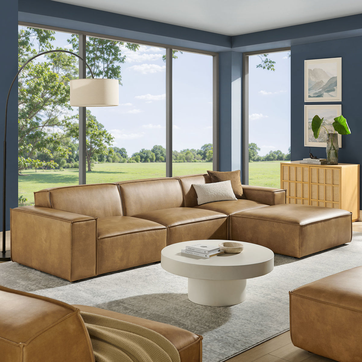 Atlas 4-Piece Vegan Leather Modular Sofa Set with Ottoman in Toast