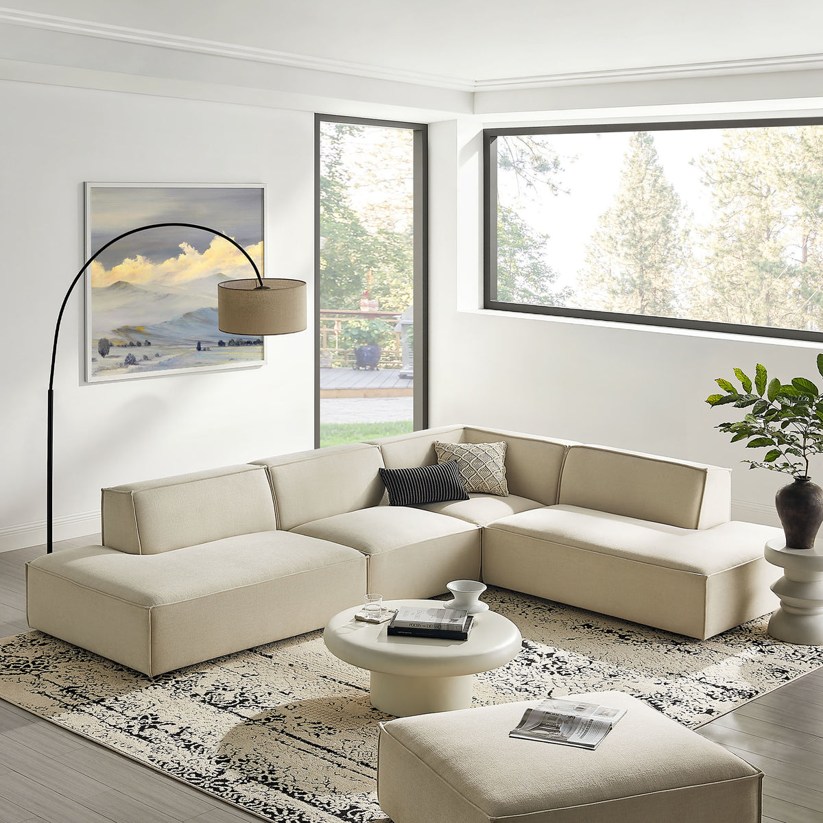 Atlas 4-Piece Performance Fabric Upholstered Modular L-Shaped Armless Sectional Sofa in Ecru