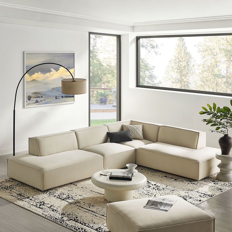 Atlas 4-Piece Performance Fabric Upholstered Modular L-Shaped Armless Sectional Sofa in Ecru