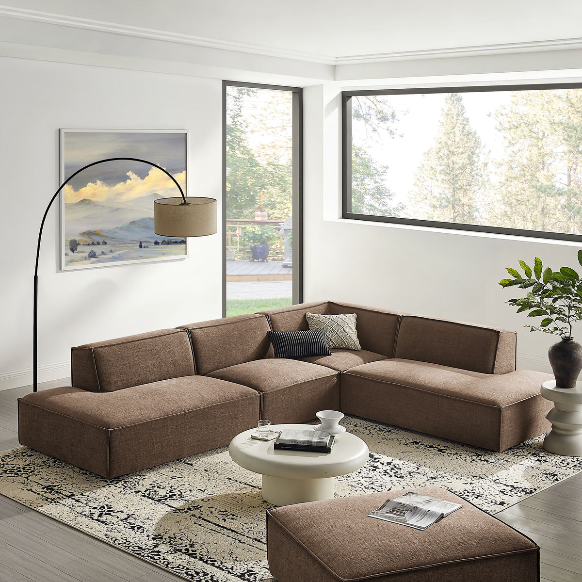 Atlas 4-Piece Performance Fabric Upholstered Modular L-Shaped Armless Sectional Sofa in Mocha