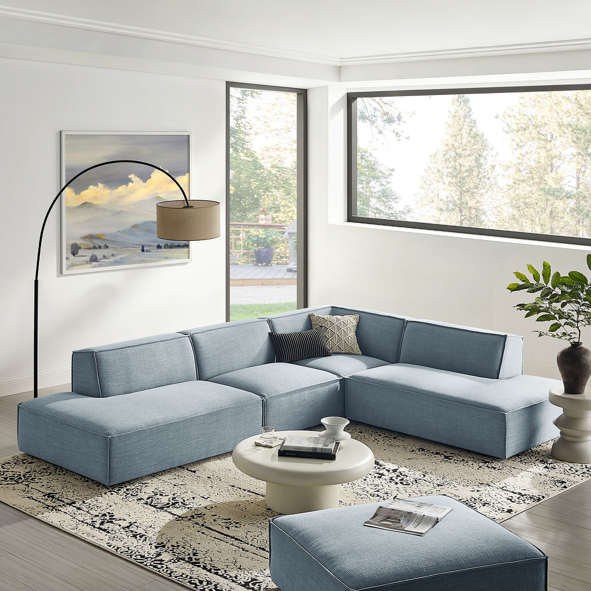 Atlas 4-Piece Performance Fabric Upholstered Modular L-Shaped Armless Sectional Sofa in Sky
