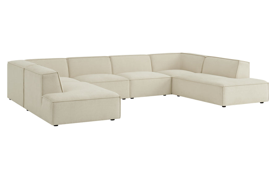 Atlas 6-Piece Performance Fabric Upholstered U-Shaped Sectional Sofa in Ecru