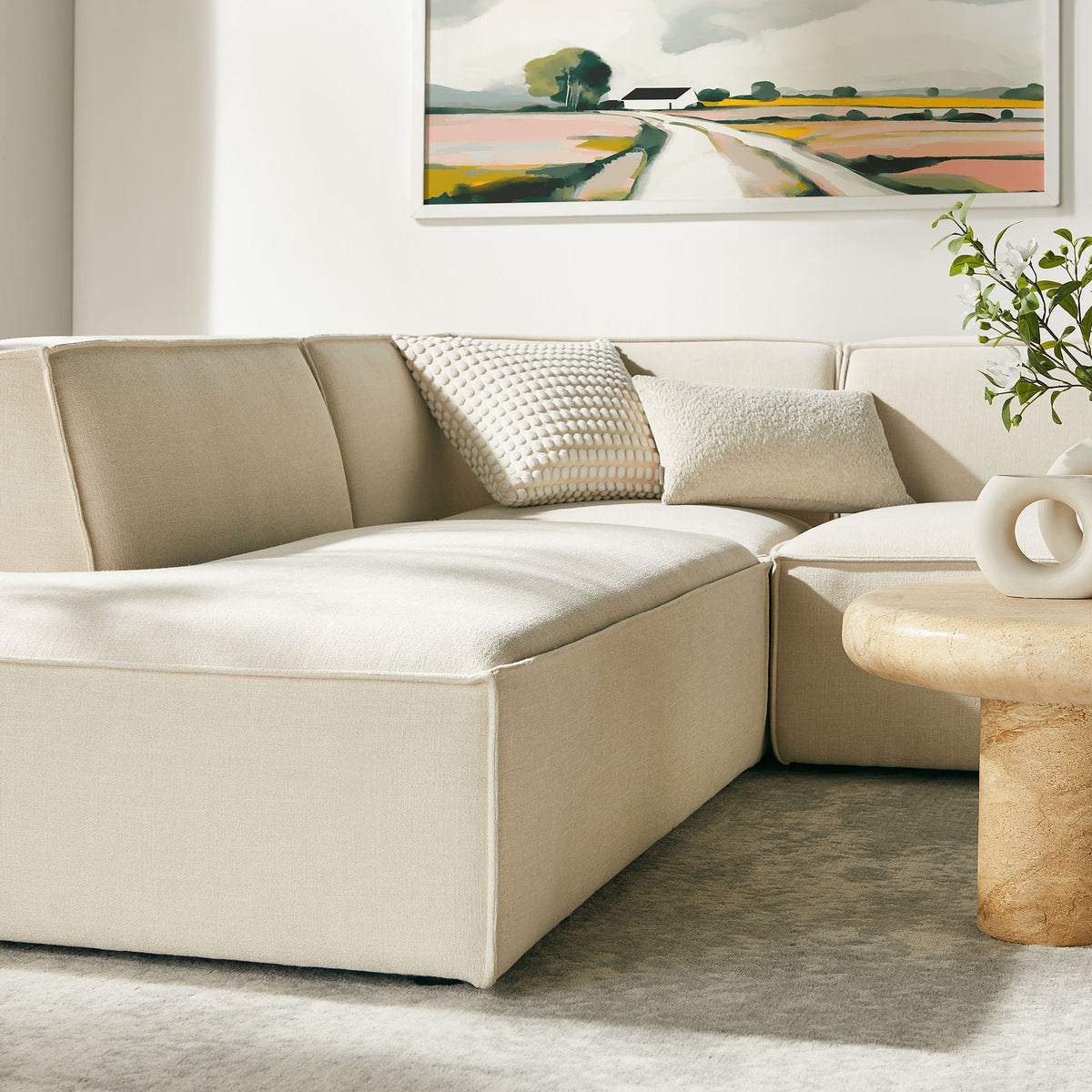 Atlas 6-Piece Performance Fabric Upholstered U-Shaped Sectional Sofa in Ecru
