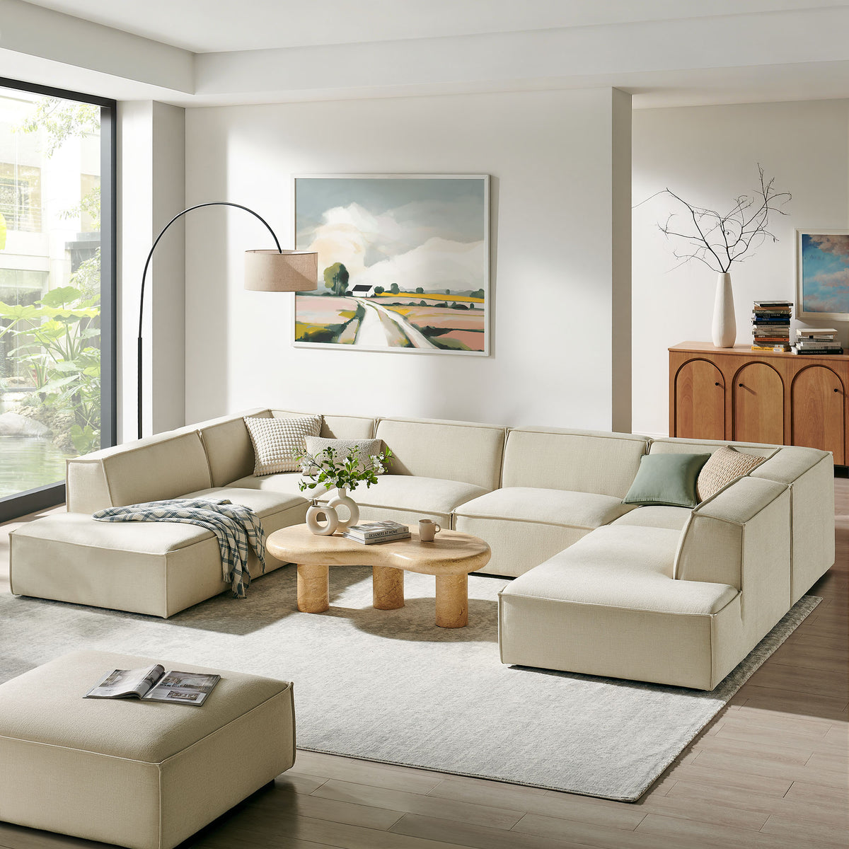 Atlas 6-Piece Performance Fabric Upholstered U-Shaped Sectional Sofa in Ecru