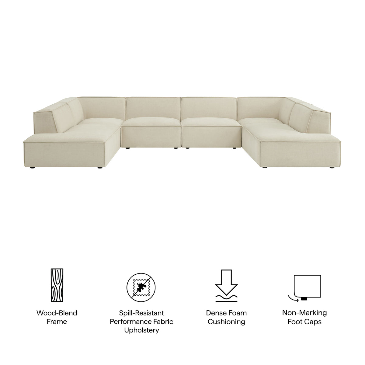Atlas 6-Piece Performance Fabric Upholstered U-Shaped Sectional Sofa in Ecru