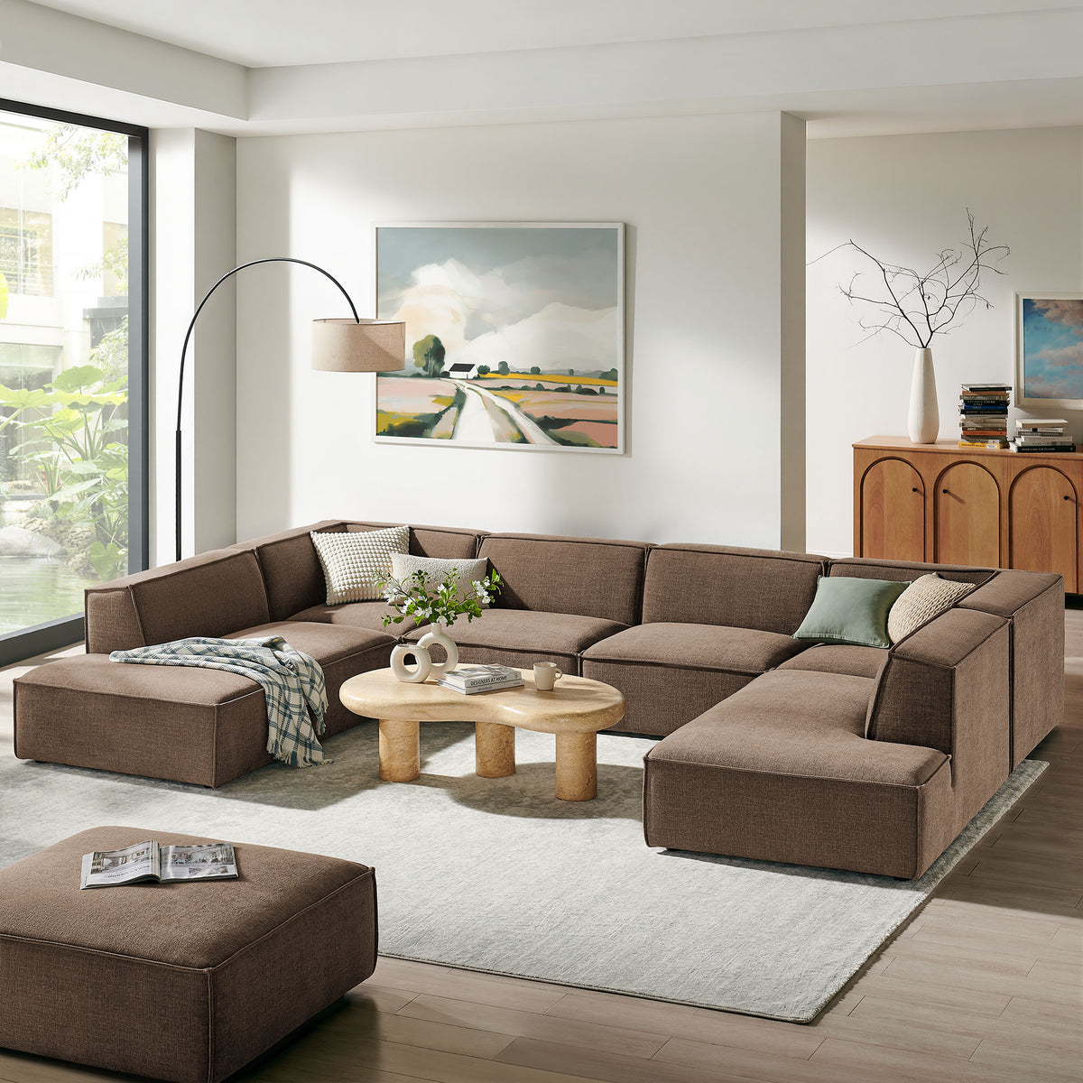 Atlas 6-Piece Performance Fabric Upholstered U-Shaped Sectional Sofa in Mocha