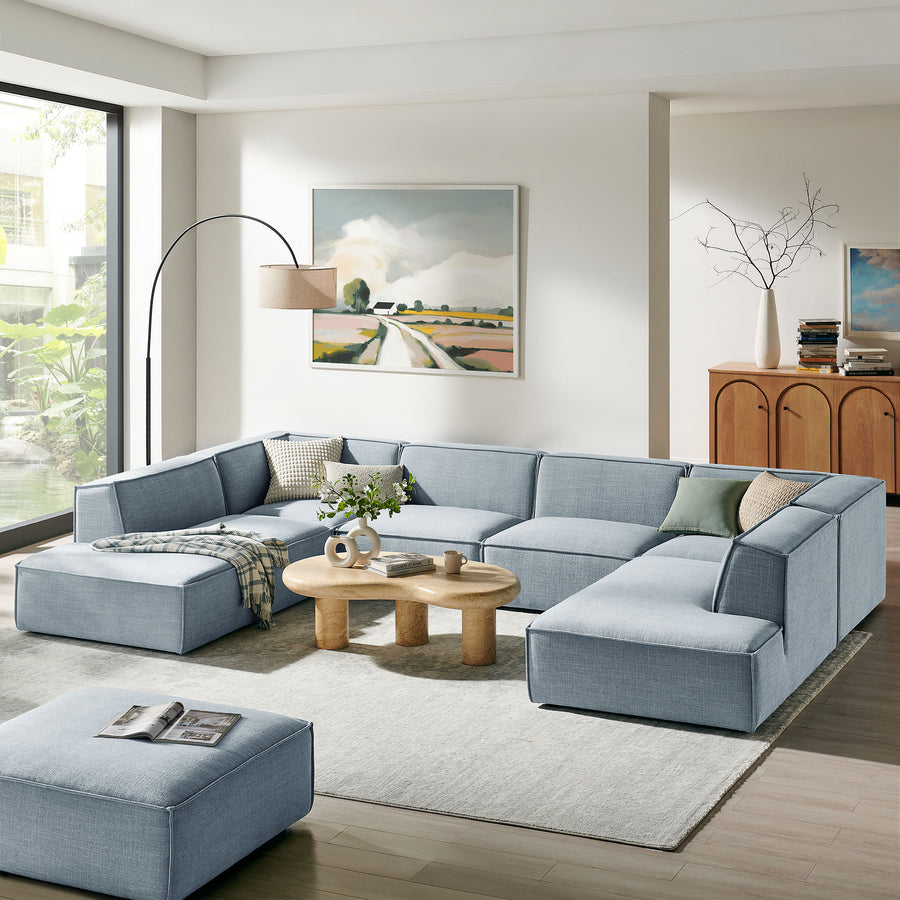 Atlas 6-Piece Performance Fabric Upholstered U-Shaped Sectional Sofa in Sky
