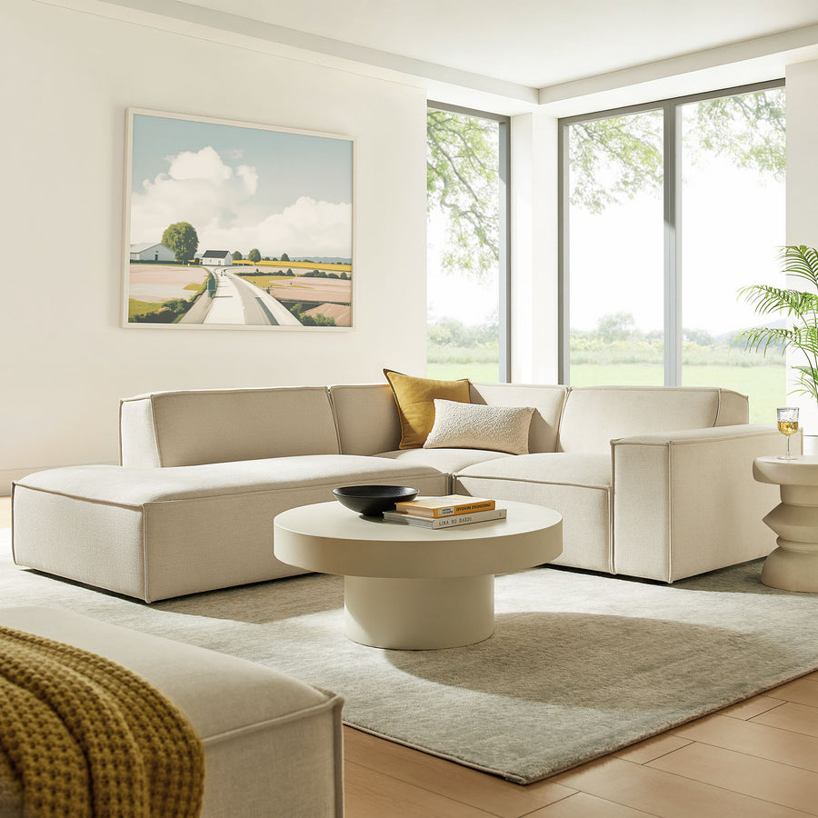 Atlas 3-Piece Performance Fabric Upholstered Modular L-Shaped Sectional Sofa in Ecru