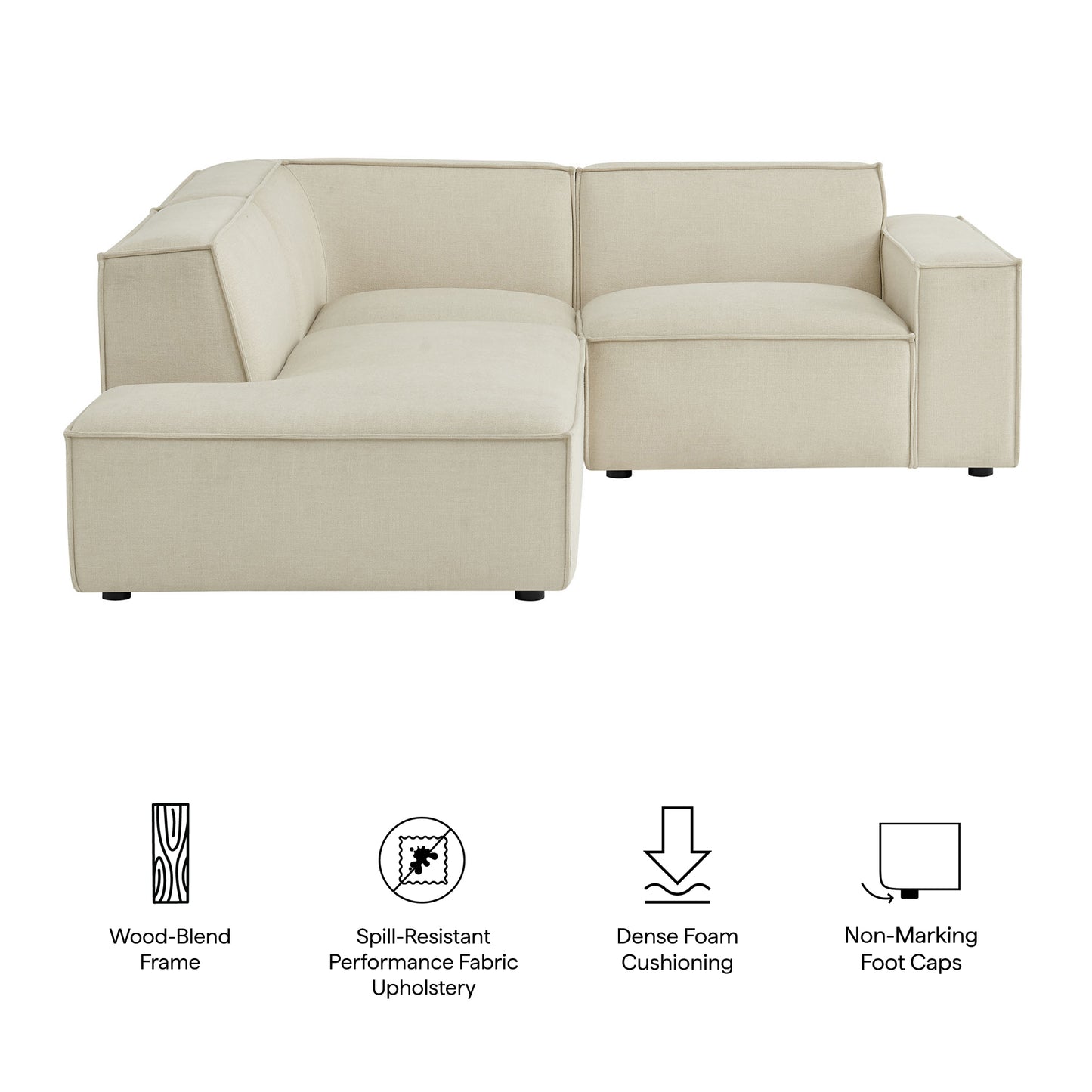 Atlas 3-Piece Performance Fabric Upholstered Modular L-Shaped Sectional Sofa in Ecru