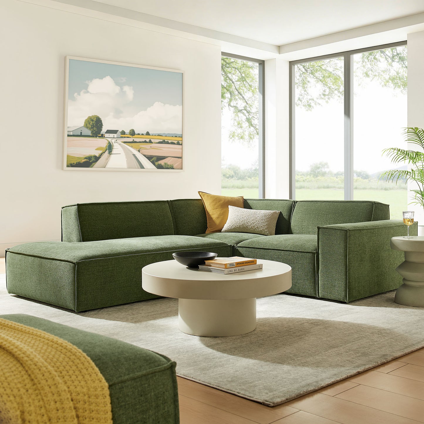 Atlas 3-Piece Performance Fabric Upholstered Modular L-Shaped Sectional Sofa in Foliage
