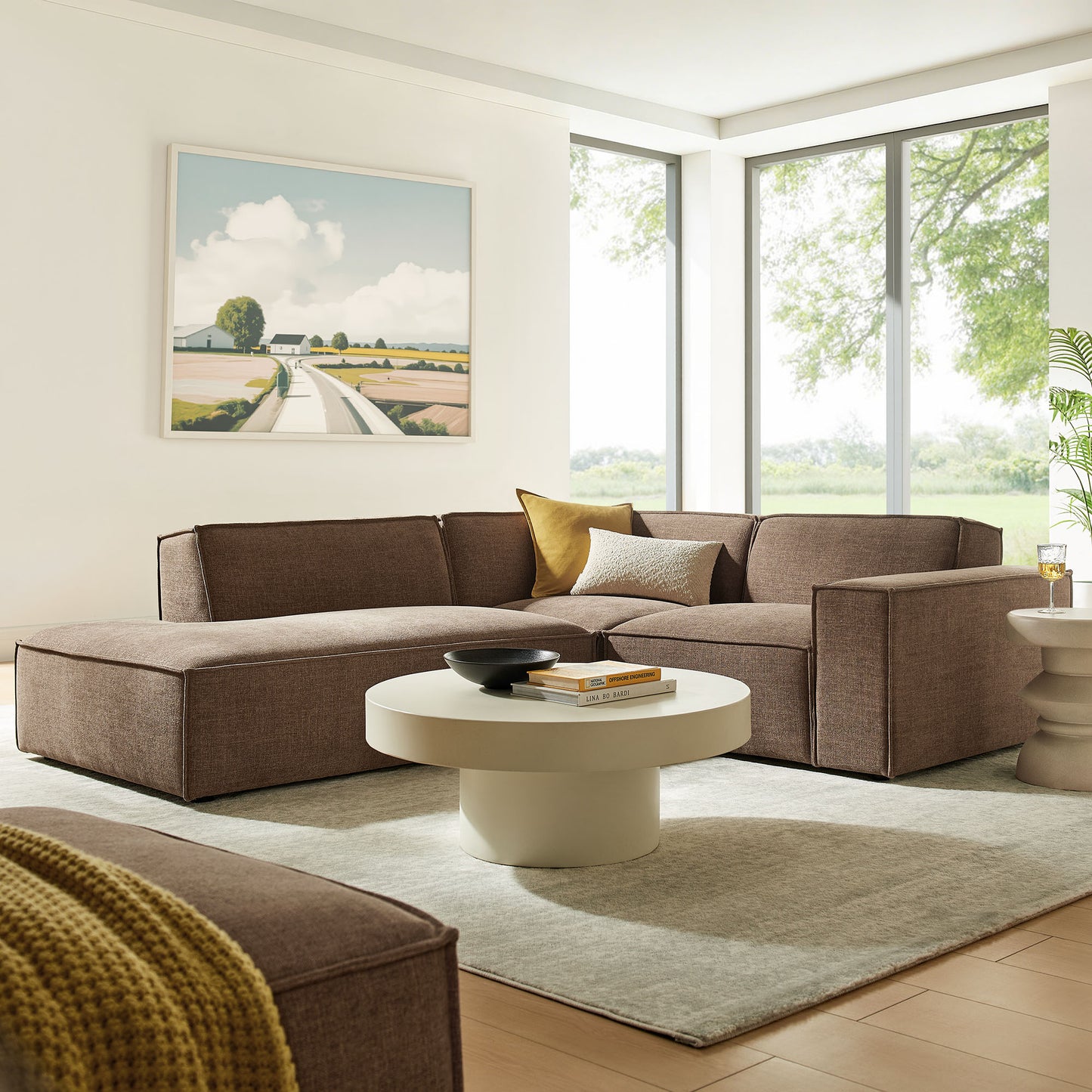 Atlas 3-Piece Performance Fabric Upholstered Modular L-Shaped Sectional Sofa in Mocha