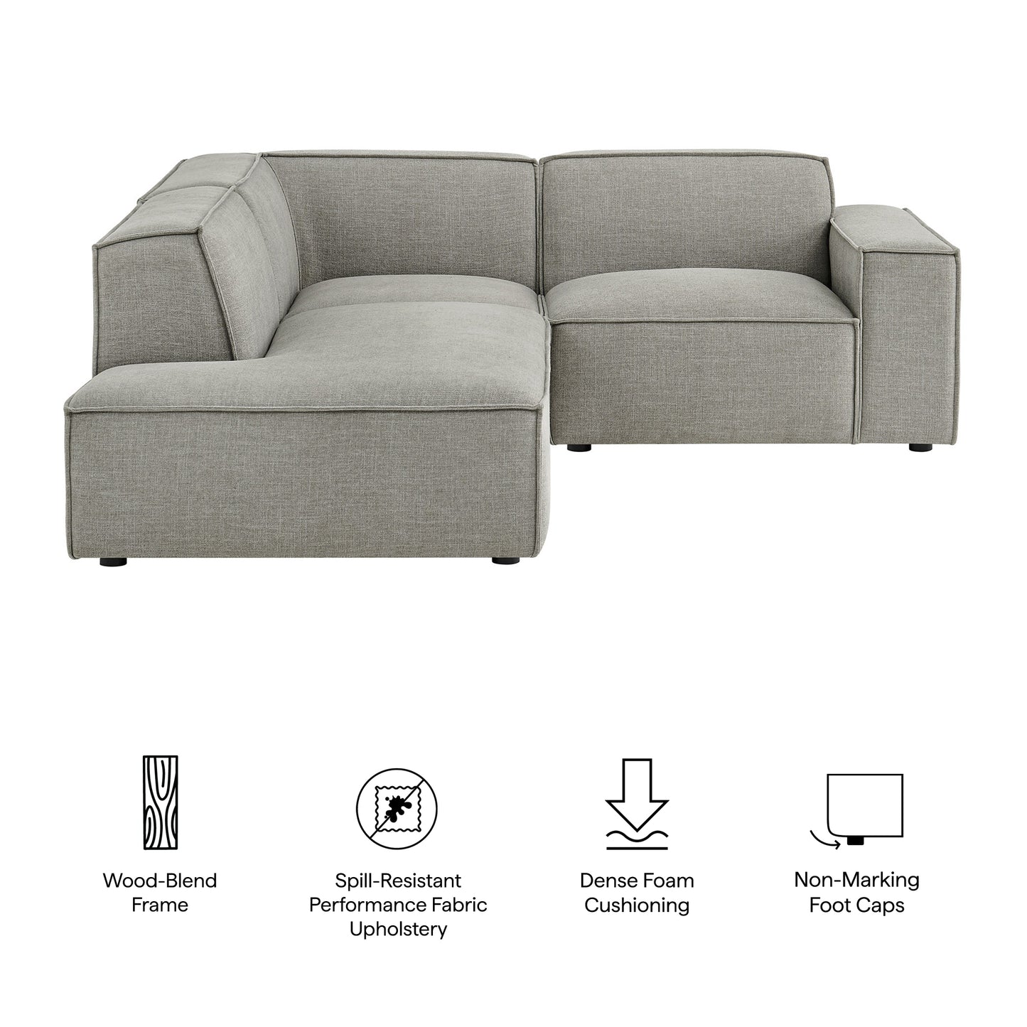 Atlas 3-Piece Performance Fabric Upholstered Modular L-Shaped Sectional Sofa in Pewter