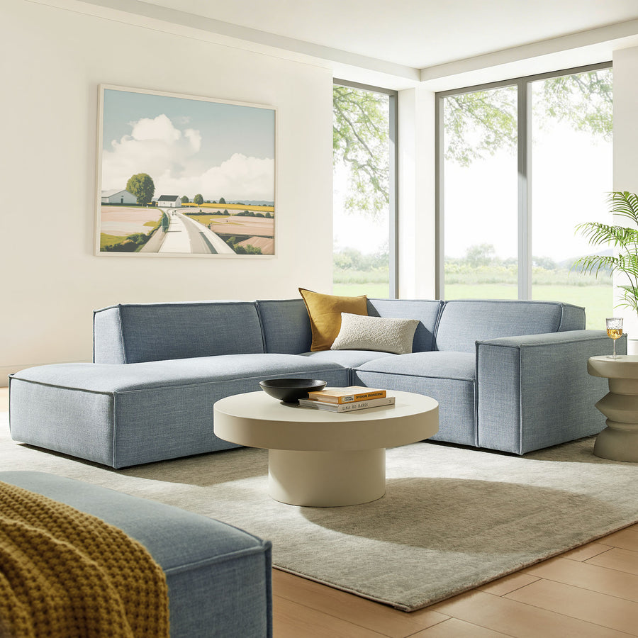 Atlas 3-Piece Performance Fabric Upholstered Modular L-Shaped Sectional Sofa in Sky