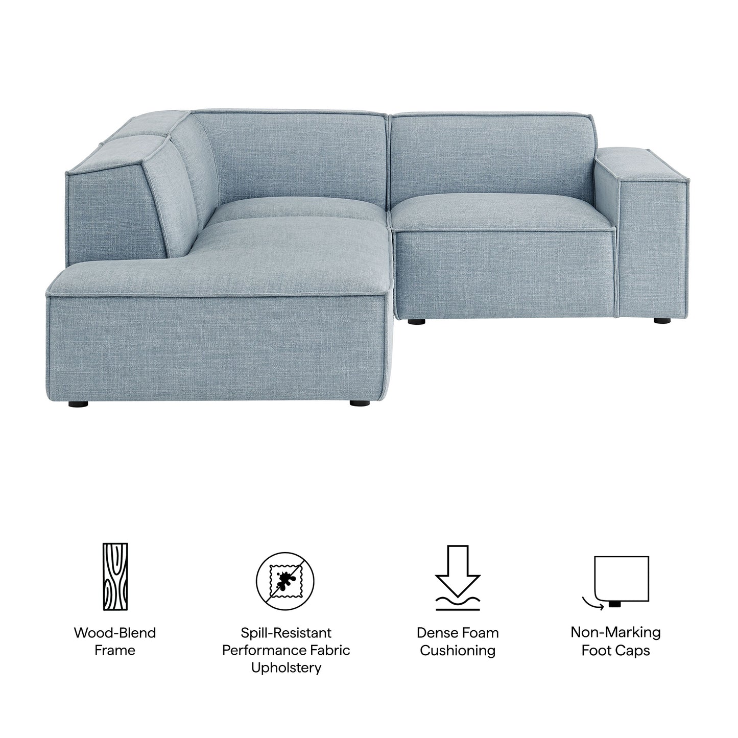 Atlas 3-Piece Performance Fabric Upholstered Modular L-Shaped Sectional Sofa in Sky