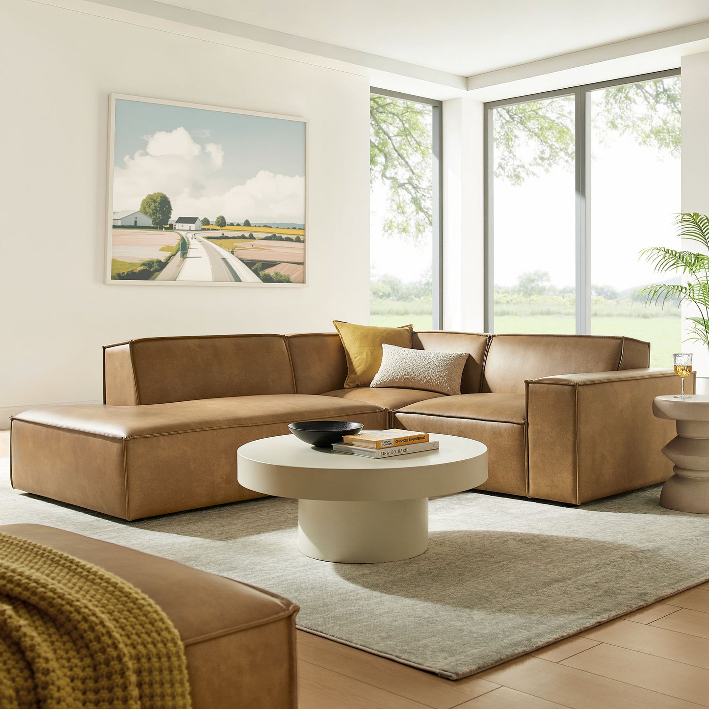 Atlas 3-Piece Vegan Leather Modular L-Shaped Sectional Sofa in Toast