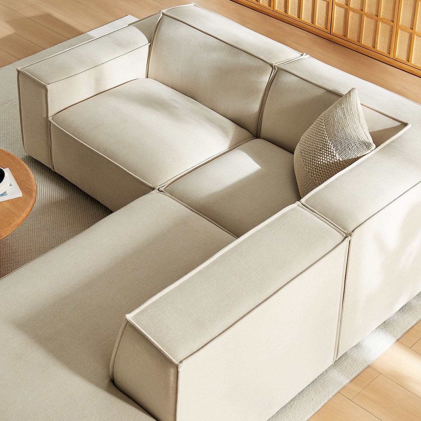 Atlas 3-Piece Performance Fabric Upholstered Modular L-Shaped Sectional Sofa in Ecru