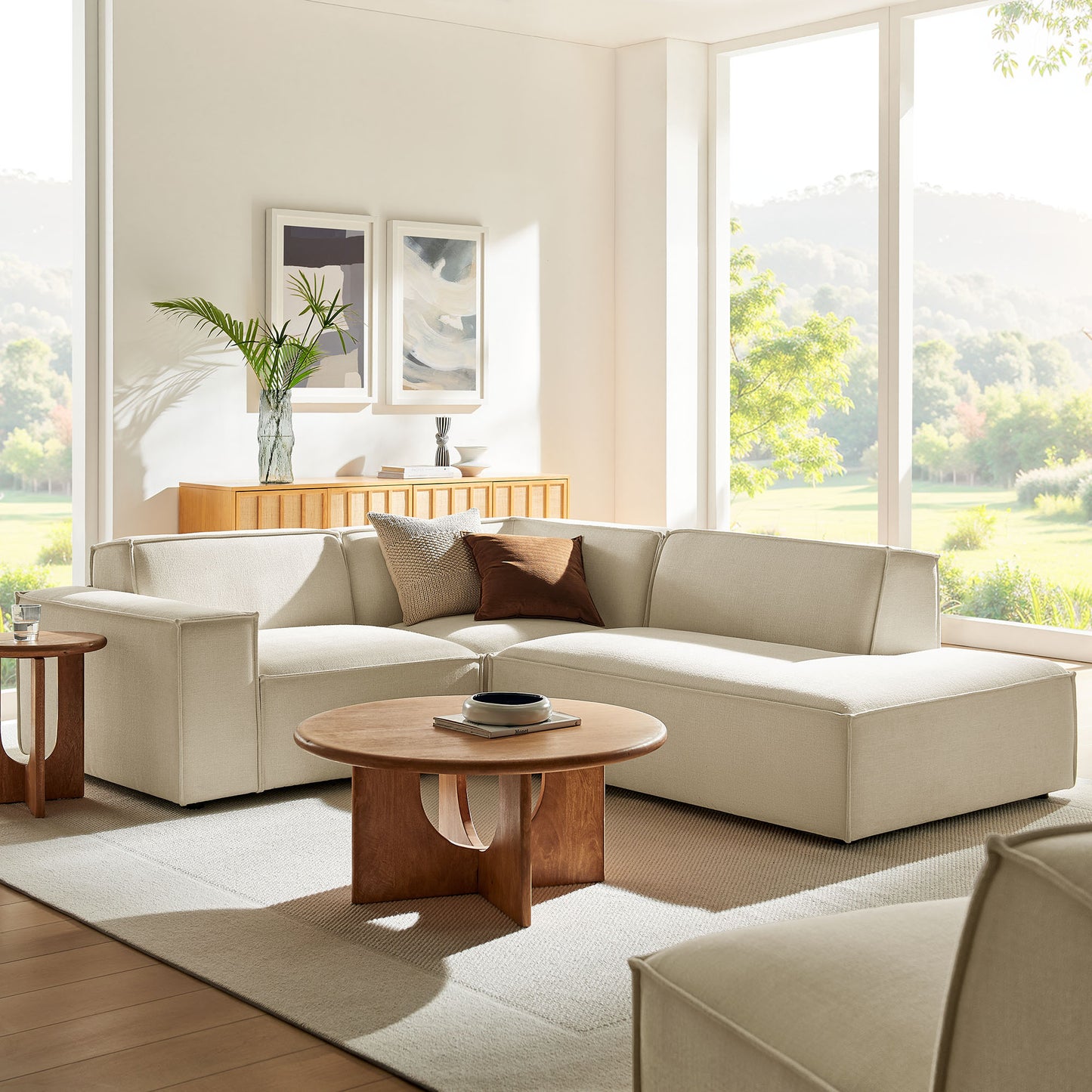 Atlas 3-Piece Performance Fabric Upholstered Modular L-Shaped Sectional Sofa in Ecru
