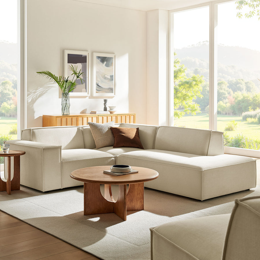 Atlas 3-Piece Performance Fabric Upholstered Modular L-Shaped Sectional Sofa in Ecru