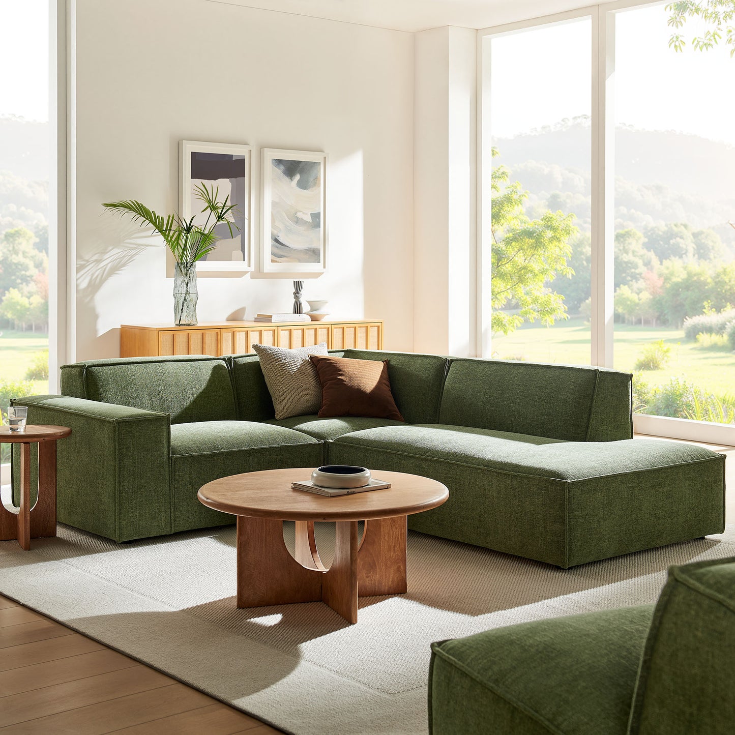 Atlas 3-Piece Performance Fabric Upholstered Modular L-Shaped Sectional Sofa in Foliage