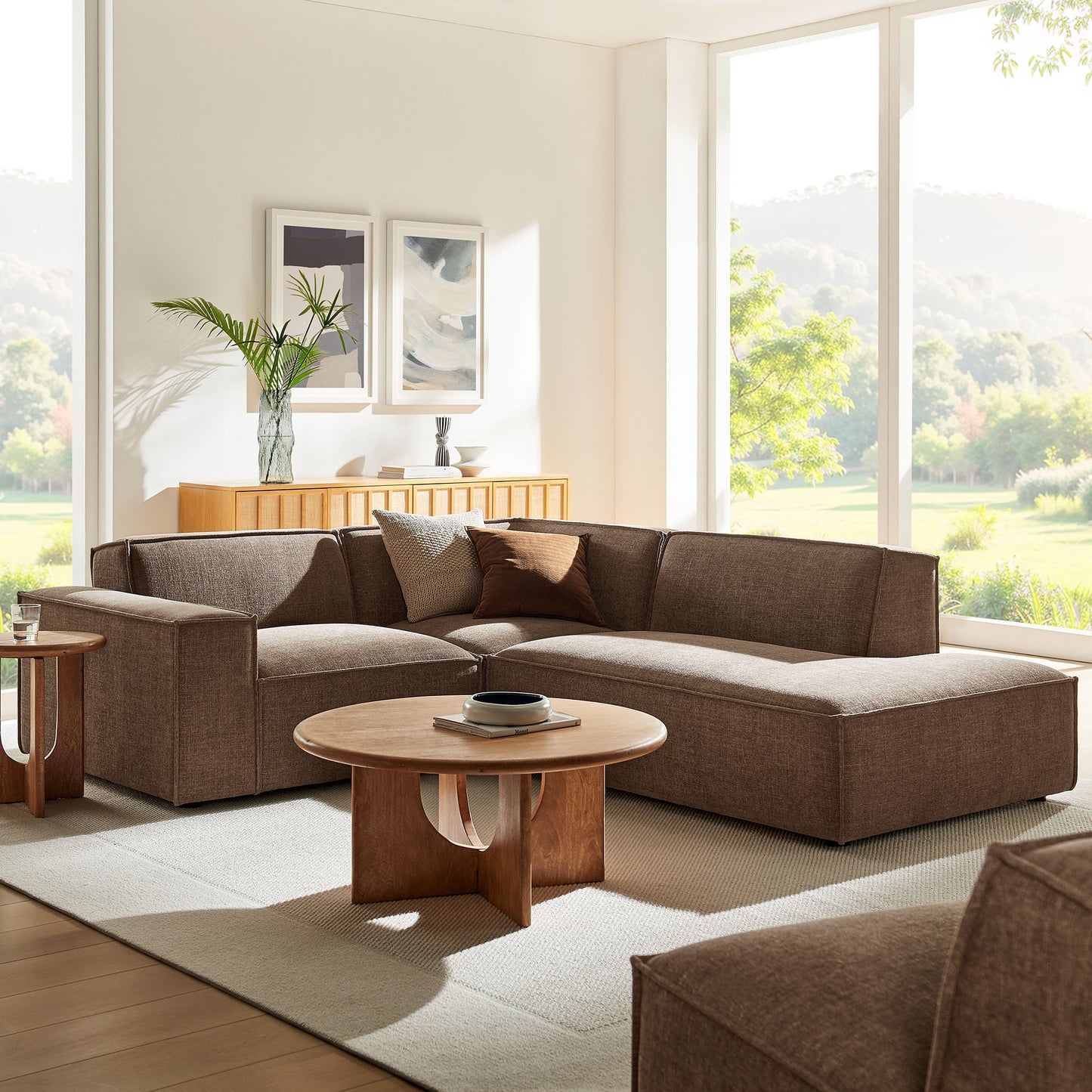 Atlas 3-Piece Performance Fabric Upholstered Modular L-Shaped Sectional Sofa in Mocha