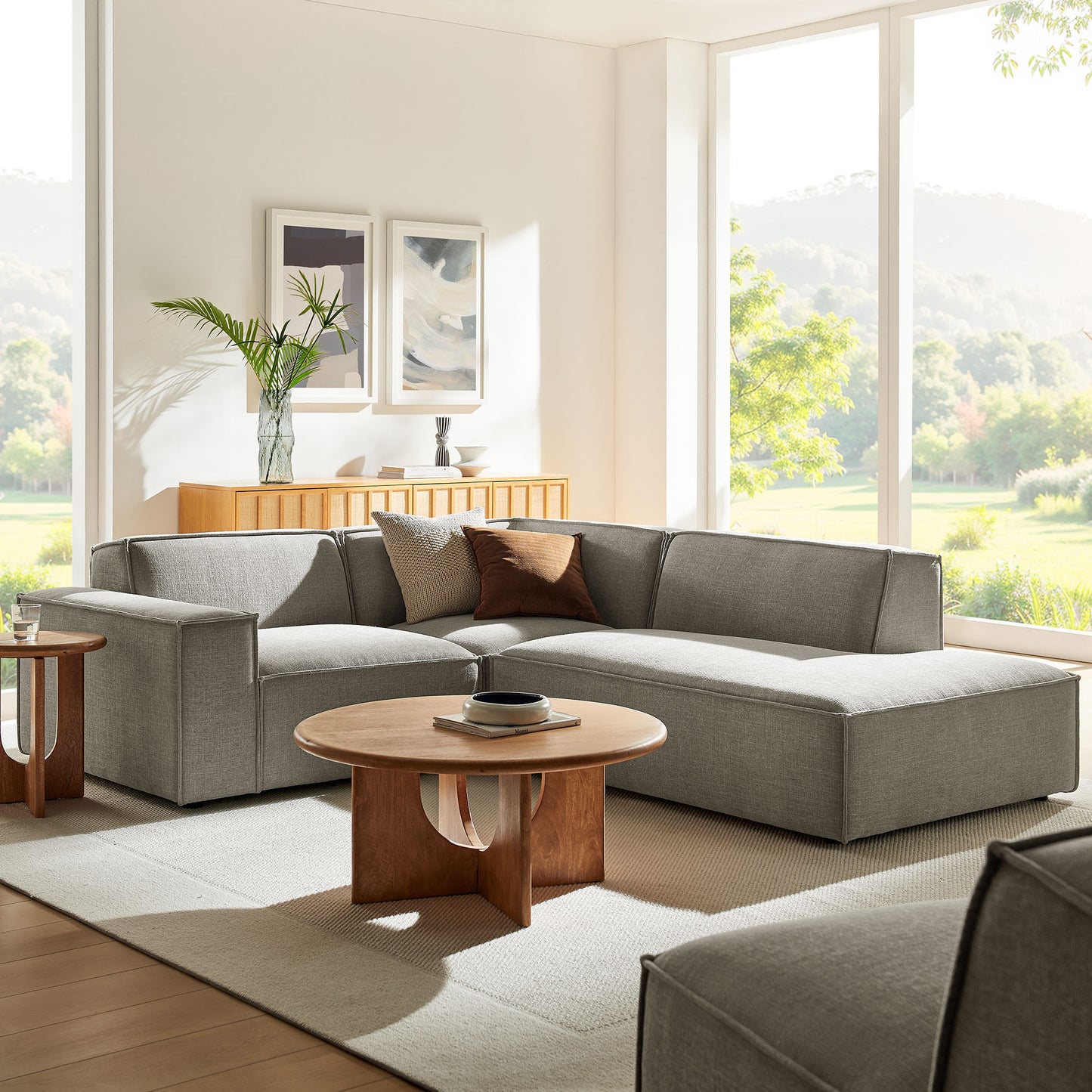 Atlas 3-Piece Performance Fabric Upholstered Modular L-Shaped Sectional Sofa in Pewter