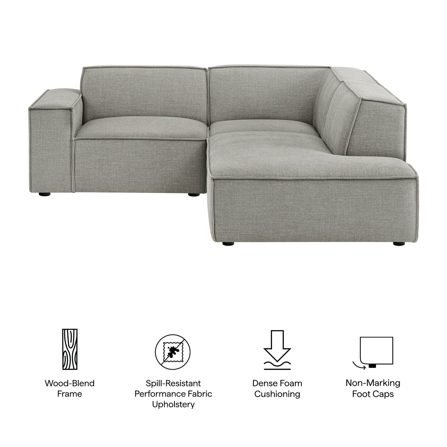 Atlas 3-Piece Performance Fabric Upholstered Modular L-Shaped Sectional Sofa in Pewter