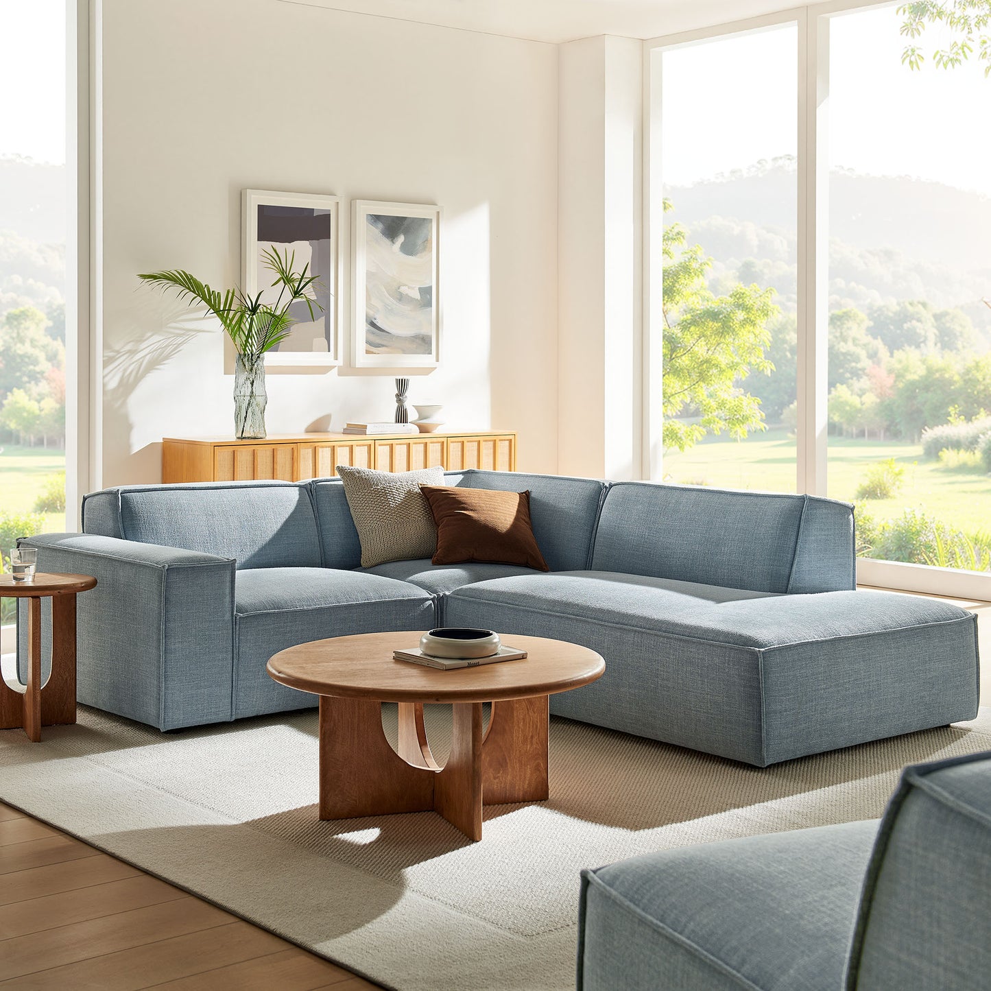 Atlas 3-Piece Performance Fabric Upholstered Modular L-Shaped Sectional Sofa in Sky