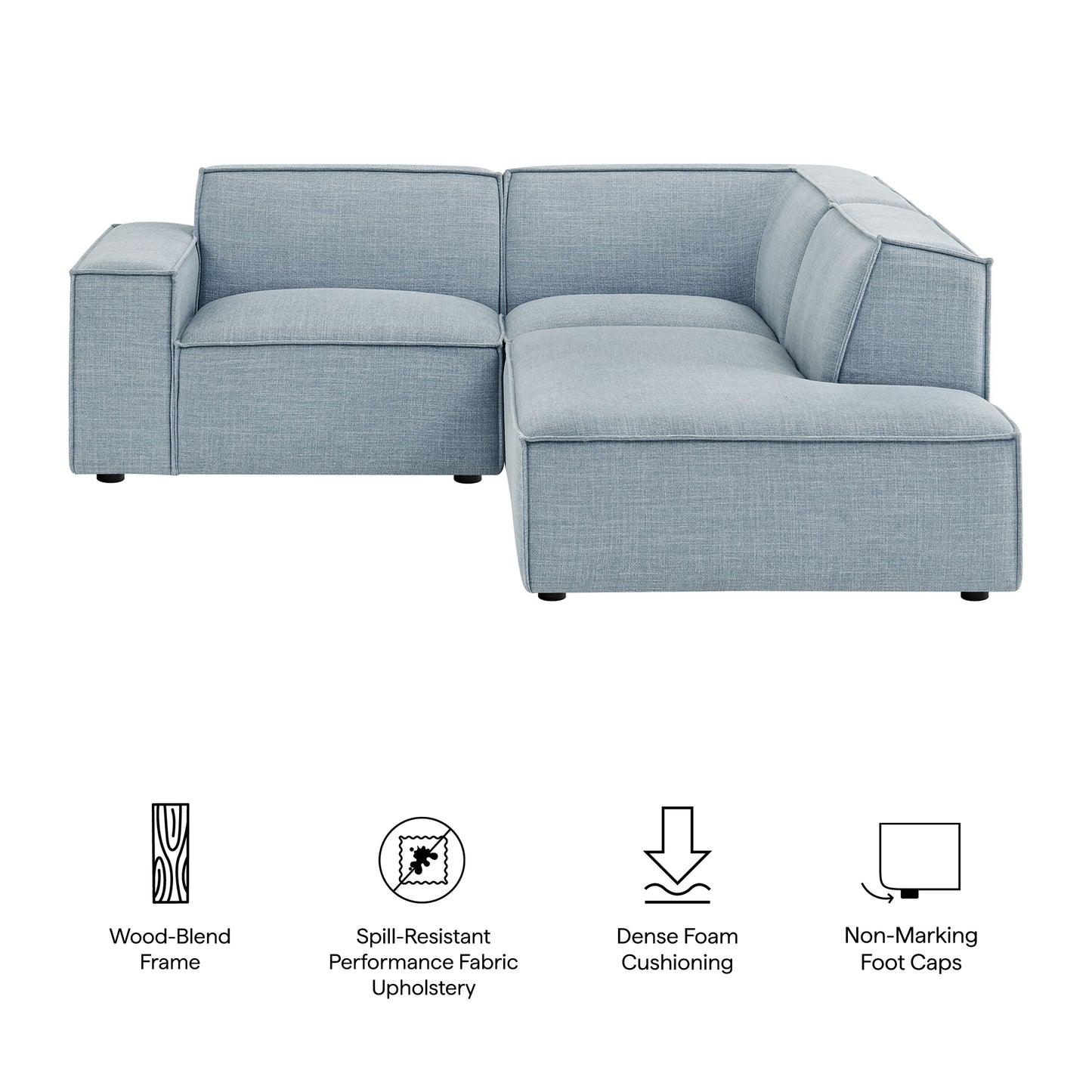 Atlas 3-Piece Performance Fabric Upholstered Modular L-Shaped Sectional Sofa in Sky