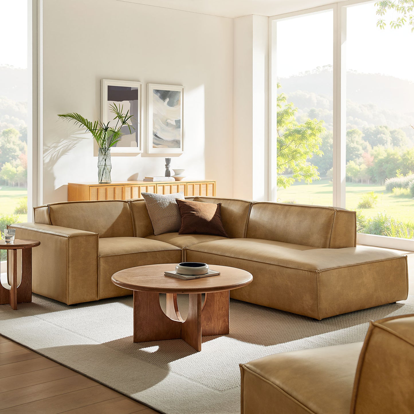Atlas 3-Piece Vegan Leather Modular L-Shaped Sectional Sofa in Toast