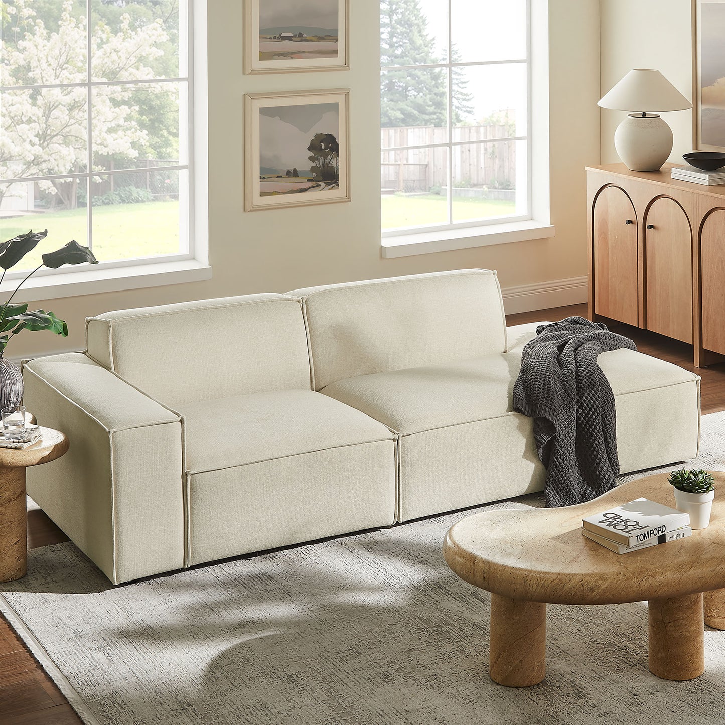 Atlas 2-Piece Performance Fabric Upholstered Modular Loveseat in Ecru