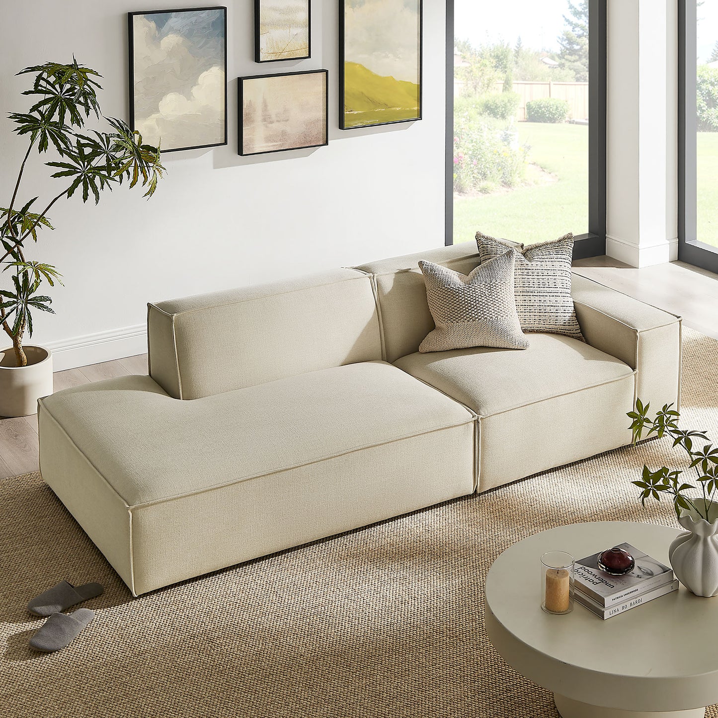 Atlas 2-Piece Performance Fabric Upholstered Modular Loveseat in Ecru