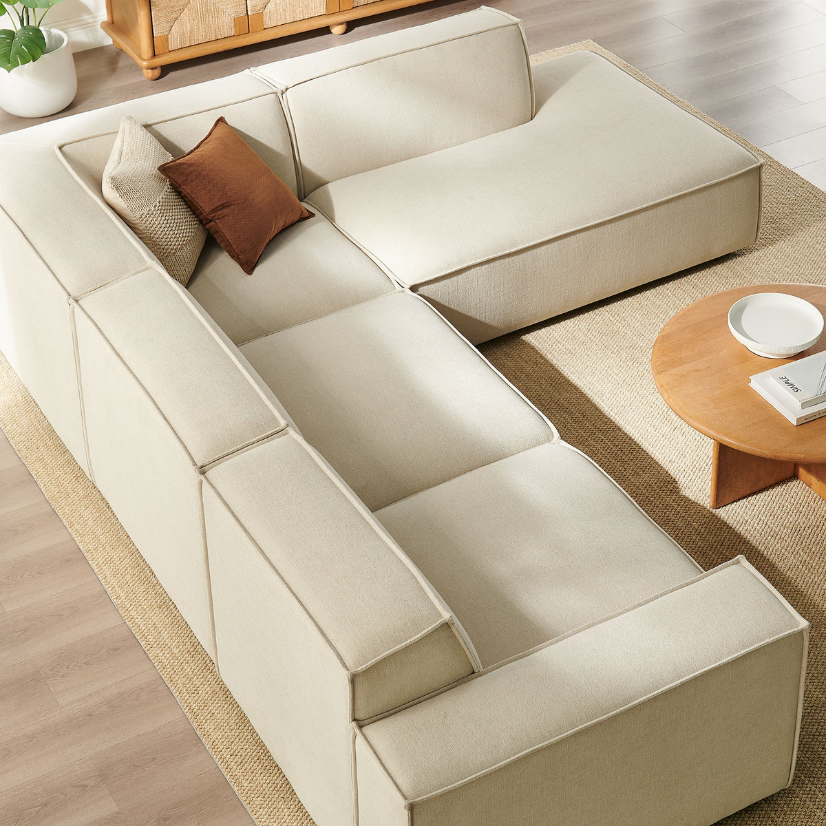 Restore 4-Piece Performance Fabric Upholstered Modular L-Shaped Sofa in Ecru