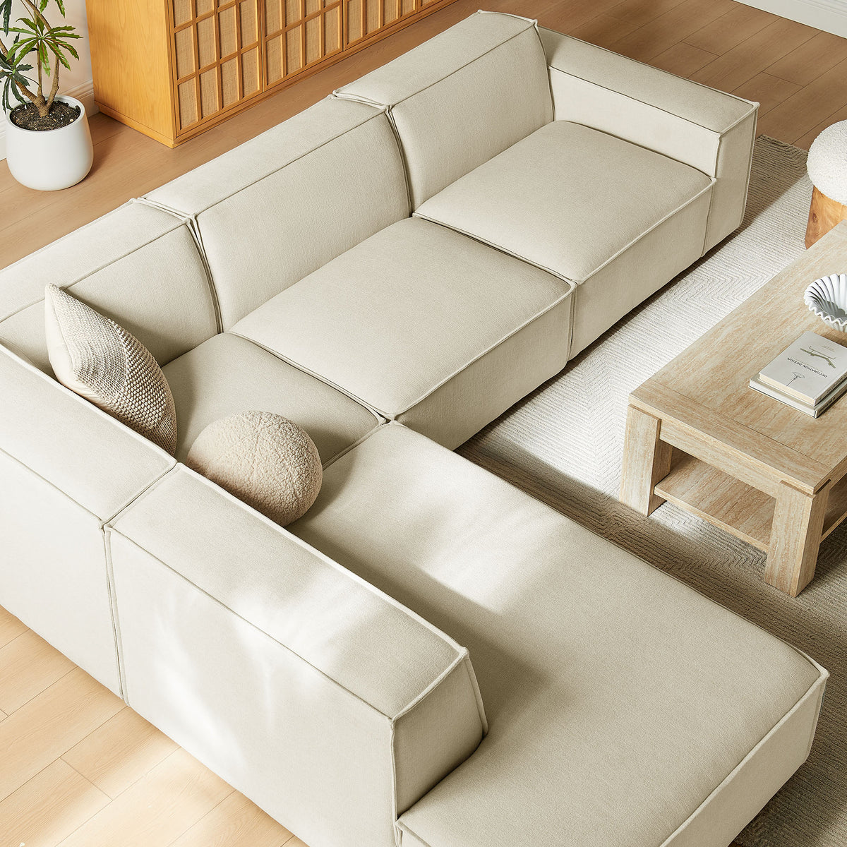 Atlas 4-Piece Performance Fabric Upholstered Modular L-Shaped Sofa in Ecru
