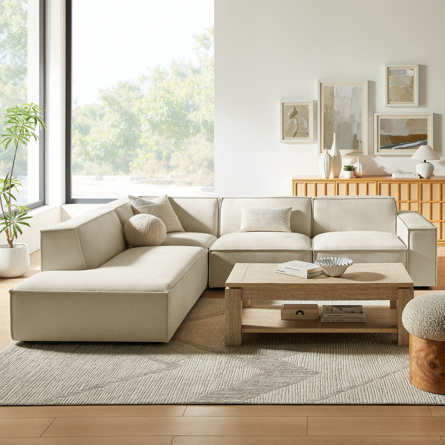 Atlas 4-Piece Performance Fabric Upholstered Modular L-Shaped Sofa in Ecru