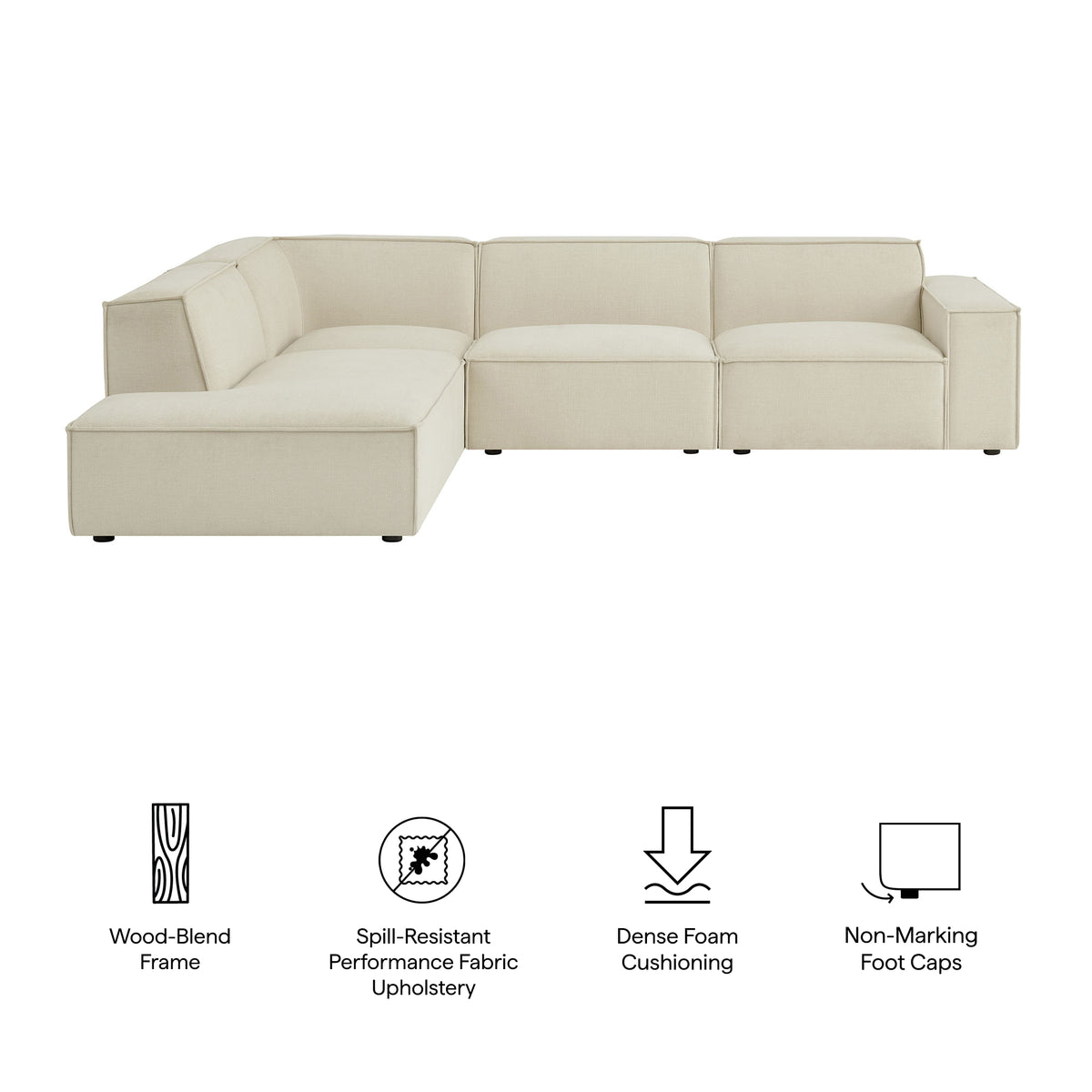 Atlas 4-Piece Performance Fabric Upholstered Modular L-Shaped Sofa in Ecru