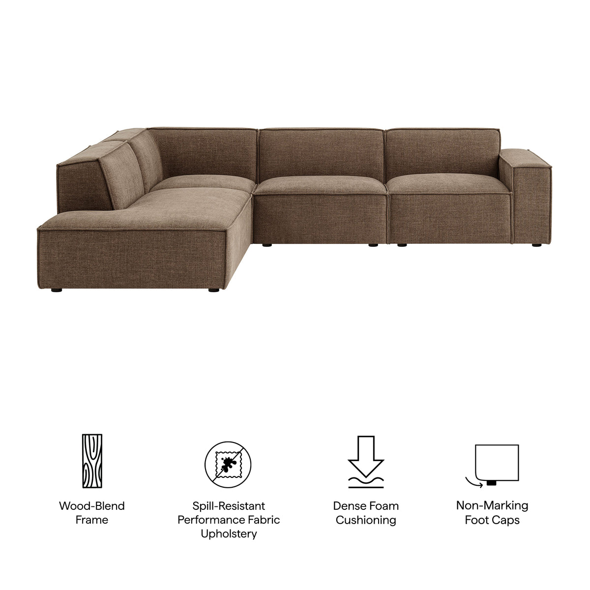 Atlas 4-Piece Performance Fabric Upholstered Modular L-Shaped Sofa in Mocha